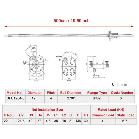 Detailed diagram of Rolled Ballscrew With Anti Backlash Ball Nut For SFU1204 500mm