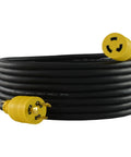 50 Foot Rubber Locking Extension Cord 12 Gauge 3 Conductor 20 Amp 250 Volt L6 20 SJOOW coiled with yellow plugs