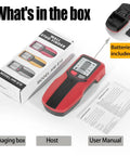 Stud Finder Wall Scanner 5 in 1-Electronic Stud Detector with LCD Display Center&Edge Detection for Wood,Metal,AC Wires,Drywall,Rebar,Pipes-Gray packaging box, device, and user manual.