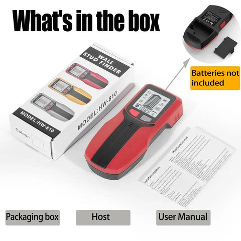 Stud Finder Wall Scanner 5 in 1-Electronic Stud Detector with LCD Display Center&Edge Detection for Wood,Metal,AC Wires,Drywall,Rebar,Pipes-Gray packaging box, device, and user manual.