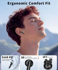 User wearing Wireless Earbuds With LED Power Display And Bluetooth 5 Point 4 Headphones Deep Bass Stereo Ear Buds Noise Cancelling
