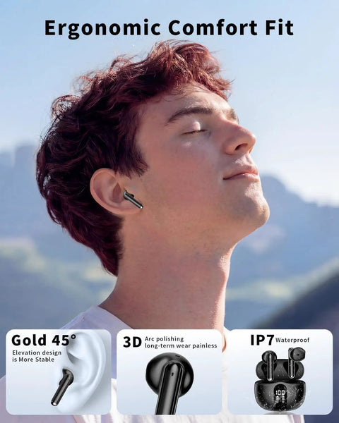 User wearing Wireless Earbuds With LED Power Display And Bluetooth 5 Point 4 Headphones Deep Bass Stereo Ear Buds Noise Cancelling