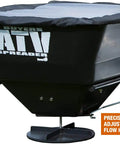 Black ATV Spreader with rain cover, close-up of flow handle, Beefy ATV Broadcast Spreader With Rain Cover, 100 Pound Capacity Poly Hopper