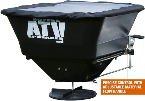 Black ATV Spreader with rain cover, close-up of flow handle, Beefy ATV Broadcast Spreader With Rain Cover, 100 Pound Capacity Poly Hopper