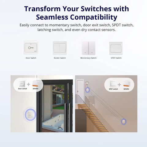 Dope Tiny 10A WiFi Smart Light Switch Module For Diy Home Automation with compatibility for various switches shown.