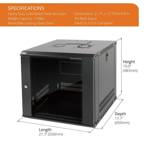 Nine U Wall Mount Server Cabinet With Lockable Tempered Glass Door And Side Panels Hella Secure Steel Build Knockout Design No Drama Setup For 19 Inch Network Racks Audio Gear Black
