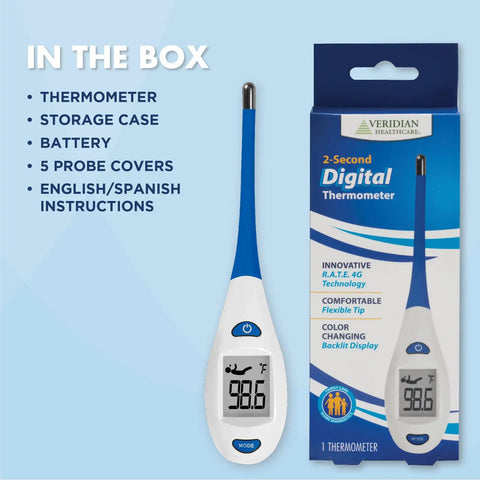 Fast Two-Second Flex Tip Digital Thermometer With Color Backlight For Oral, Rectal, And Underarm Readings, No-Fuss, Ultra-Precise And Quick Temp Check For Home Use, box contents