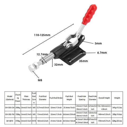 Heavy Duty Galvanized Iron Toggle Clamp For Welding And Sheet Metal Jobs. This Quick Fix Push Pull Hand Tool Delivers Amazing 530 Lb Force To Hold Your Workpiece Tight In Any Horizontal Or Vertical Spot Around The Shop. M8, 110-125mm