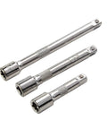 Heavy Duty 1/4 Drive Socket Wrench Extension Bar Chrome Steel Flex Adapter Reaching Through Tight Obstacles With Strong Torque Transfer Wobble Head Design No Nonsense Build For Ratchet Tools Socket Set Essential Gear Silver Set of three chrome steel socket extensions.