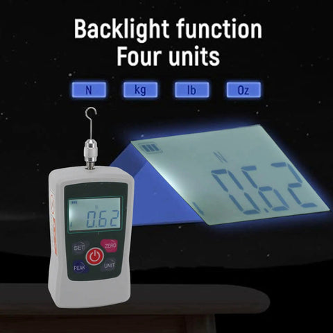 50N Digital Push Pull Force Meter Handheld Tester With Backlit Display 3 Modes For Classroom Lab Use Portable Force Gauge 4 Units Auto Shutdown Great For Teaching And Experiments, front view with hook and LCD