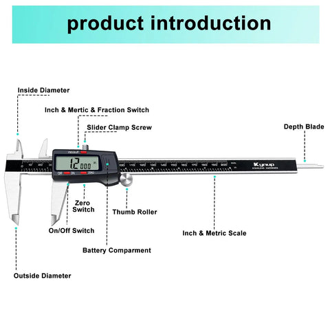 8 Inch Digital Caliper With Stainless Steel Body And Large LCD Screen Auto Off Feature Inch Millimeter And Fraction Conversion
