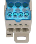 Close-up of Three Pack Din Rail Distribution Box With Screw Terminal Strip Block for electrical wiring, blue flame-retardant shell.