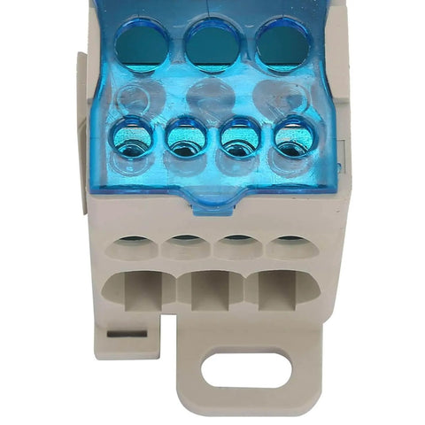 Close-up of Three Pack Din Rail Distribution Box With Screw Terminal Strip Block for electrical wiring, blue flame-retardant shell.