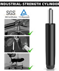 Industrial-strength two point five inch office chair gas lift cylinder replacement, shown with SGS certification and chair compatibility.