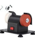Compact Tabletop Electric Grinder With Dual Finishing Wheels For Snag Free Sharpening And Straight Up Reliable Deburring, black design.