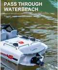 Close-up of Fast RC Water Kart for pools and lakes, showing rear design and motor details in calm water surface.