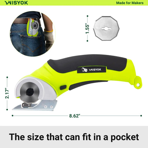Wisyok Cordless Electric Scissors With 4.2V Rechargeable Battery And Dual Blades for quick cutting, compact design fitting in a pocket.