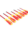 Insulated 7 Piece Screwdriver Set With Ergonomic Non Slip Handles And Magnetic Tips For Electricians Easy Grip And Fatigue Reduction Chrome Steel Shafts For Reliable Electrical Repair And Maintenance, angled view