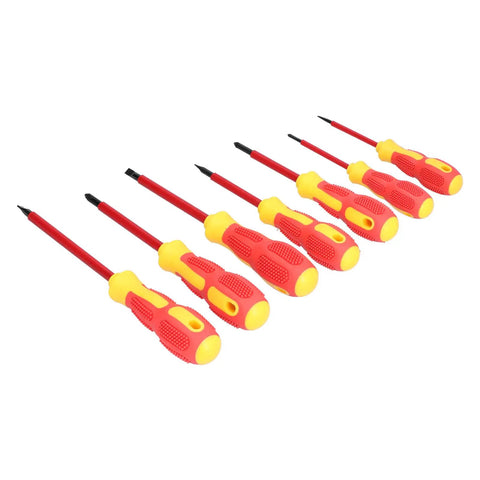 Insulated 7 Piece Screwdriver Set With Ergonomic Non Slip Handles And Magnetic Tips For Electricians Easy Grip And Fatigue Reduction Chrome Steel Shafts For Reliable Electrical Repair And Maintenance, angled view