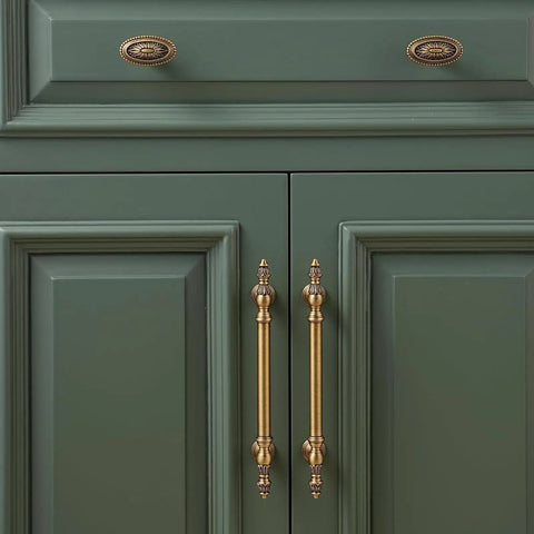Twenty Pack Solid Brass Cabinet Pulls With Brushed Antique Brass Finish Six And Five Sixteenth Inch Hole Center attached to green cabinet