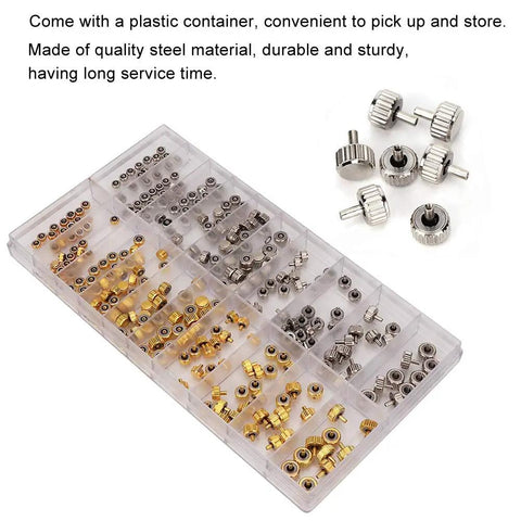 Plastic box with silver and gold spare parts from Pro Grade Gear All In One Watch Link Removal Tool Kit For Crown Repair.