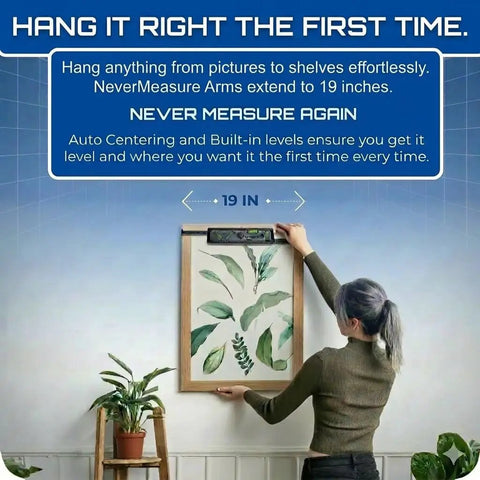 Person using Never Measure Picture Hanging Kit 2 Size Bundle For Easy Picture Frames And Collages for precise alignment
