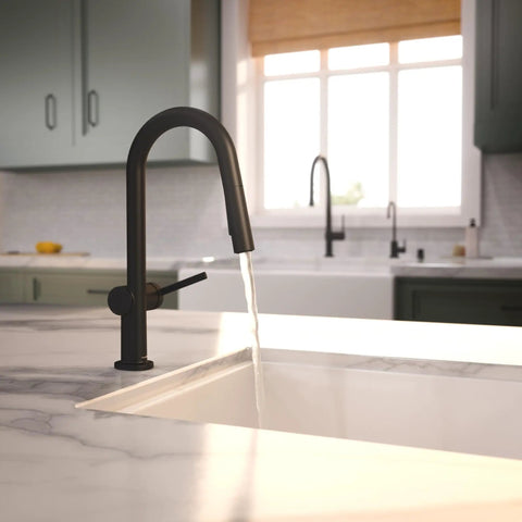 hansgrohe Talis N Pull Down Kitchen Faucet, Modern, Magnetic Hand Sprayer, 1-Handle, 1.75 GPM, Matte Black, 72866671, water flowing into sink.