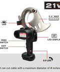 Heavy Duty 4 Inch Electric Battery Powered Ratcheting Cable Cutters For Fast Cutting Armored Communications Copper And Aluminum Wire Cable Steel Armor Strippers Professional Grade Power Tool with LED display and switch features.