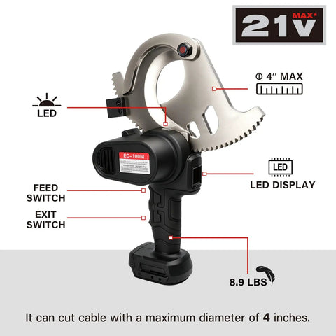 Heavy Duty 4 Inch Electric Battery Powered Ratcheting Cable Cutters For Fast Cutting Armored Communications Copper And Aluminum Wire Cable Steel Armor Strippers Professional Grade Power Tool with LED display and switch features.