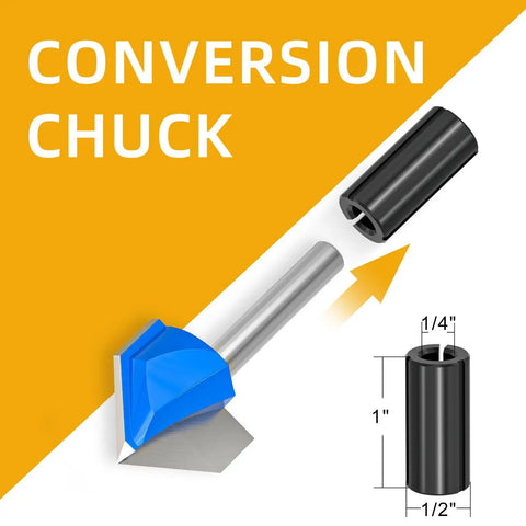 Pack Of 8 Hardcore Professional Carbide Router Bits For 90 Degree V Grooves And Chamfering Woodwork On Plywood, featuring a conversion chuck