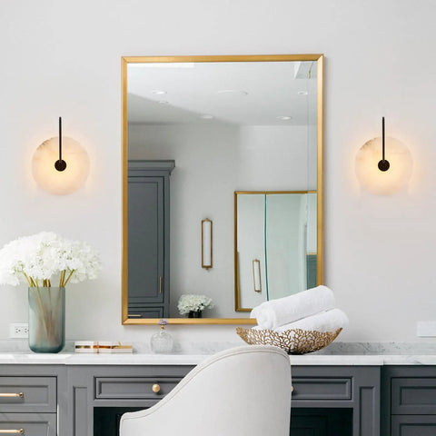 ELYCCUPA 10” Marble Wall Sconces Set of Two Matte Black Classic Stone Alabaster Wall Lights on vanity with mirror.