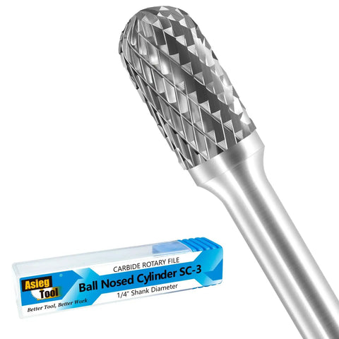 Heavy Duty Tungsten Carbide Burr Rotary File Ball Nose Cylindrical Double Cut Die Grinder Bit shown with packaging.