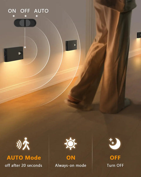 Motion Sensor Night Lights 4 Pack Wireless Indoor Lighting For Stairways Hallways Kitchens Closets Cabinets And Bedrooms And Kids Rooms With Built In Rechargeable Batteries No Fuss Setup And A 3 In 1 Charging Cable Energy Efficient And Easy To Install showing auto mode