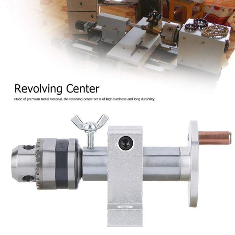 Compact Live Revolving Center For Mini Lathe With Adjustable Drilling Depth And Wrench shown with durable metal construction.