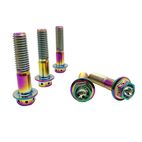Heavy Duty Aviation Grade Titanium Hex Head Bolts With Dripping Rainbow Pvd Coating M10x1.25x65mm five pack close up view.