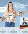 Woman holding Stand Up Weed Puller Tool With Long Handle And Foot Platform Heavy Duty 4 Claw Steel Head Weeder Bamboo Garden Hand Weeding Tool