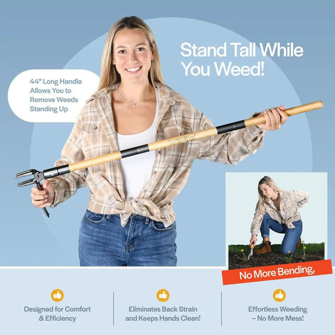 Woman holding Stand Up Weed Puller Tool With Long Handle And Foot Platform Heavy Duty 4 Claw Steel Head Weeder Bamboo Garden Hand Weeding Tool