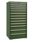Hella Compact Metal Tool Chest Featuring A Knockout Lock And Heavy Duty Steel Frame, slim green design with multiple drawers.