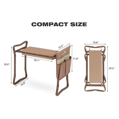 Compact size of 2 In 1 Garden Kneeler And Seat Folding Bench With Tool Pocket And EVA Kneeling Pad Plus Garden Gloves.