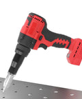 Heavy Duty Cordless Rivet Gun Kit With 18V Brushless Motor For Automatic Fastening Pulling And Ejecting To Boost Productivity On Any Tough Job Around The Shop Or Construction Site, red and black, on metal sheet