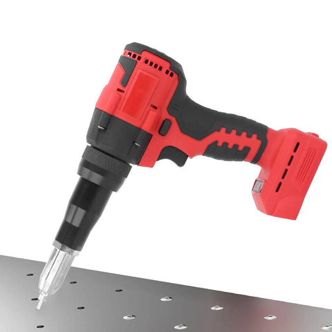 Heavy Duty Cordless Rivet Gun Kit With 18V Brushless Motor For Automatic Fastening Pulling And Ejecting To Boost Productivity On Any Tough Job Around The Shop Or Construction Site, red and black, on metal sheet