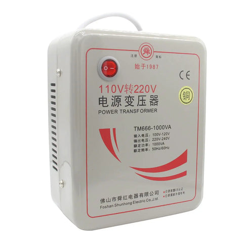 Front view of 110V To 220V Step Up Transformer Converter, 1000W Rated, Beefy 800W Safe Load, CE ISO Certified.