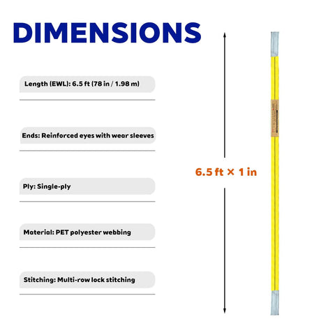 Kivomot lifting strap, dimension diagram: yellow PET polyester webbing, 6.5 ft long, 1 in wide