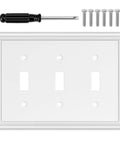 White Decorative Triple Toggle Light Switch Wall Plate 3 Gang Natural Material Cover with screws and screwdriver