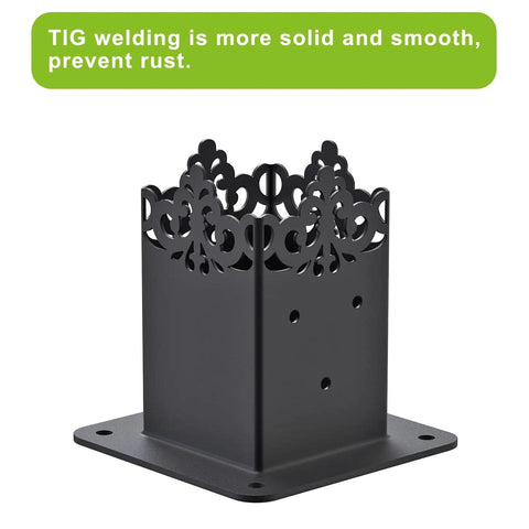 Front view of Beefy 4x4 Post Anchor Base With 3.6 X 3.6 Inch Inner Size, black steel design, for pergola fence deck posts, 2 Pack.