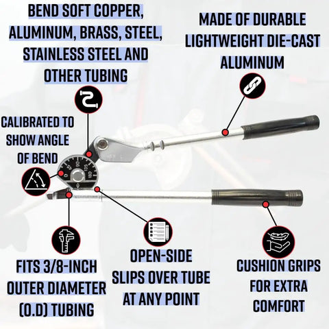 Lever Tube Bender For Three Eighths Inch Tubing With Cushioned Grip Handles And Integrated Bend Angle Markings image