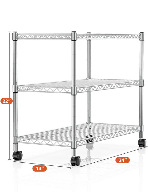 Heavy Duty Chrome Steel Rolling Storage Shelves Three Tier Mobile Wire Rack with 24x14x22 inches dimensions, featuring smooth-rolling wheels.