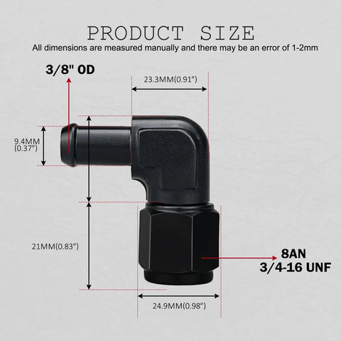 AN8 Female To Three Eighths Inch Hose Barb 90 Degree Swivel Fitting Adapter Aluminum Black Anodized 6061 T6 Pack Of 2 Heavy Duty For Automotive Fuel And Oil Lines, 8AN to 3/8in