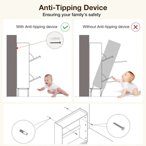Diagram comparing anti-tipping device use on Slim Walnut Wood No-Fuss Shoe Storage Cabinet With Two Flip Drawers For Entryway.
