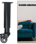 Heavy Duty Metal Adjustable Furniture Legs With Casters For Smooth Rolling No Fuss Coffee Table Legs And Cabinet Hardware Replacement Four Piece Set shown on blue sofa
